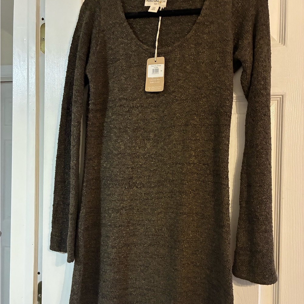 Indigo Blue Long Sleeve Mini Knit Dress - Brown